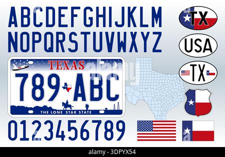 Texas State Oldtimer-Kennzeichen, Buchstaben, Zahlen und Symbole, Vektor-Illustration, Vereinigte Staaten von Amerika Stock Vektor