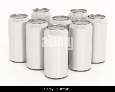 Weiße Soda-Dosen isoliert auf weißem Hintergrund. 3D-Abbildung. Stockfoto