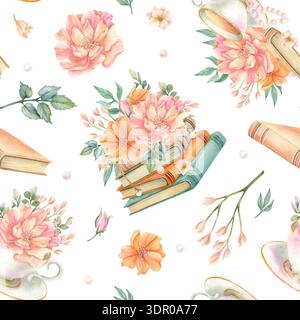 Nahtloses Vintage-Muster im Frühling. Elegante Blumen auf einem Stapel von Büchern, Pfingstrosen in der Tasse, Blumenstrauß, Freesie und alter Literaturhintergrund. Handbemalt Stockfoto