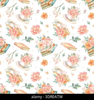 Nahtloses Vintage-Muster mit eleganten Blumen und einem Stapel Bücher. Aquarell Frühlingspfingstrosen in Tasse, Blumenstrauß, Freesie, alter Literaturhintergrund Stockfoto