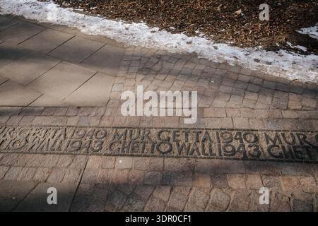 Eine Nahaufnahme der Gedenklinie aus Gusseisen und Ziegeln, die in den Gehsteig in Warschau eingebettet ist. Die zweisprachige Inschrift 'MUR GETTA 1940 / GHETTOWAND 1 Stockfoto