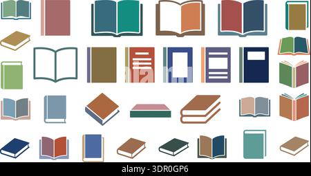 Vektor-Set mit offenen und geschlossenen Buchsymbolen mit verschiedenen Cover-Designs Stock Vektor