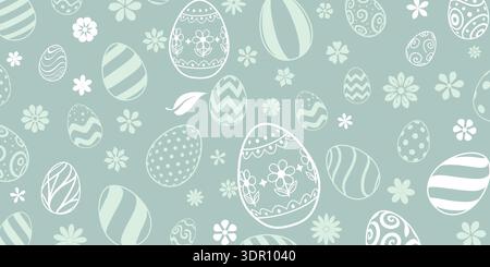 Osterhintergrund mit weißen und hellgrünen Eiern, Blumen auf weichem grünem Hintergrund, Pastellfarben, Frühlingsthema. Stock Vektor