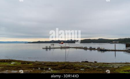 Port Hardy, BC, Kanada - 25. Juni 2024: Boote legten entlang der Sommer-T-Floats in Port Hardy an, mit einem Schiff der kanadischen Küstenwache. Stockfoto
