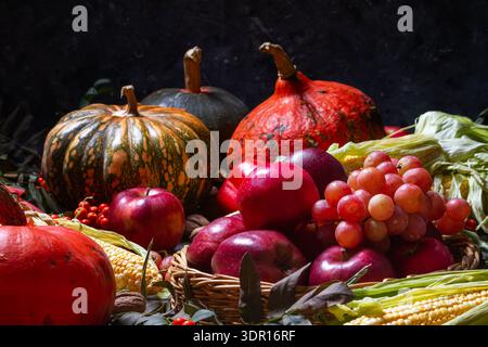 Herbstliches landwirtschaftliches Stillleben mit Obst und Gemüse. Erntefest-Feiertagskonzept. Nahaufnahme mit selektivem Fokus Stockfoto