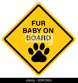 Schild mit Pelzbaby an Bord. Pelzbaby an Bord in gelber Farbe. Fellbaby an Bord Achtung. Baby-im-Auto-Sicherheitswarnung. Flacher STYLE. Stockfoto