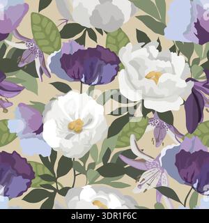 Nahtloses Vektor-Blumenmuster. Weiße und lila Blumen im Garten Stock Vektor