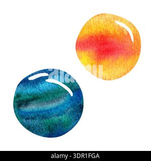 Farbenfrohe Aquarellkugeln auf weißem Hintergrund, die leuchtende blaue und orangene Verläufe mit reflektierenden Highlights im künstlerischen Stil darstellen Stockfoto