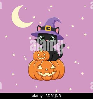 Niedliche schwarze Katze, die Hexenhut trägt, sitzt auf Kürbis, Halloween flache Vektor-Illustration Stock Vektor