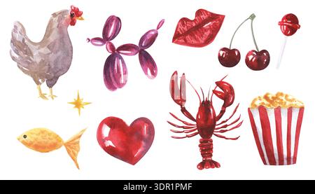 Surrealistischer Satz verschiedener Objekte. Ballon in Form von Hund, Popcorn, Lippen, Fisch, Huhn, Hummer, Kirsche, Lutscher, Herz. Für kreatives Design Stockfoto