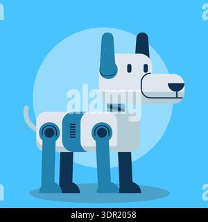 Minimalistischer Zeichentrickroboter in Blau und weiß, mit segmentierten Gliedmaßen und einem freundlichen Gesicht. Ideal für Inhalte für Kinder, technische Themen oder verspielte Stock Vektor