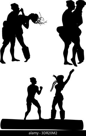 Die schwarze Silhouette zeigt einen Mann und eine Frau, die in einer dynamischen Pose vor weißem Hintergrund tanzen. Perfekt für Themen wie Rettung, Romantik oder Action in gr Stock Vektor