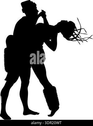Die schwarze Silhouette zeigt einen Mann und eine Frau, die in einer dynamischen Pose vor weißem Hintergrund tanzen. Perfekt für Themen wie Rettung, Romantik oder Action in gr Stock Vektor