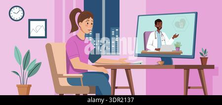 Illustration einer jungen Frau, die ihren Blutdruck im Rahmen einer Online-ärztlichen Konsultation überprüft. Ein lächelnder Arzt erscheint auf dem Bildschirm und stellt Virtu bereit Stock Vektor