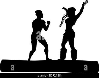 Die schwarze Silhouette zeigt einen Mann und eine Frau, die in einer dynamischen Pose vor weißem Hintergrund tanzen. Perfekt für Themen wie Rettung, Romantik oder Action in gr Stock Vektor