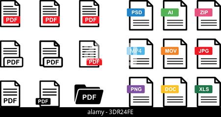 Laden Sie PDF-Dokument einfach mit diesen lebendigen Symbolen herunter, Vektorgrafik des Downloads PDF-Datei-Symbols in drei Farben, PDF-Symbol Vektor-Design-Symbol-Illustration Stock Vektor
