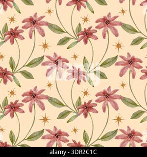 Nahtloses Blumenmuster mit rosa handbemalten Blumen und grünen Blättern auf beigefarbenem Hintergrund. Elegante botanische Illustration mit weichem Design Stockfoto