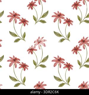 Nahtloses Aquarellmuster mit rosa Blumen und grünen Blättern auf weißem Hintergrund, botanisches Blumenoberflächendesign Stockfoto