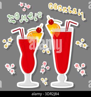 Illustration zum Thema des schönen Alkohol Cocktail Zombie, hell scharlachrote Zombie bestehend aus Vollglas Tasse mit transparentem Cocktail und Würfel von Stock Vektor