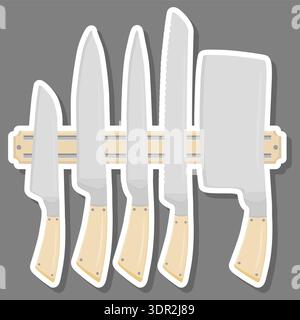 Illustration zum Thema großes farbiges Set verschiedene Arten Messer unterschiedliche Größe für Metzger, Kit-Messermuster bestehend aus Sammlungszubehör für die Metzgerei Stock Vektor