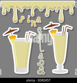 Illustration zum Thema des schönen Alkohol Cocktails Pina colada, helle Pina Colada bestehend aus Vollglas Tasse mit transparentem Cocktail und Würfeln Stock Vektor