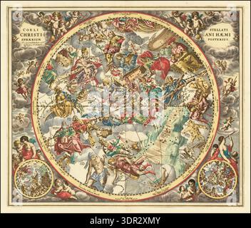 Historische Himmelskarte mit dem Titel Coeli Stellati Christiani Haemisphaerium Posterius. Es stammt aus dem himmlischen atlas Harmonia Macrocosmica des deutsch-niederländischen Kartographen Andreas Cellarius, der erstmals 1660 veröffentlicht wurde. Die Karte ist einzigartig, weil sie die traditionellen heidnischen Konstellationen durch Figuren aus dem Judentum und dem Christentum ersetzt, die auf den Ideen des Astronomen Julius Schiller aus dem frühen 17. Jahrhundert basieren. Die Zeichen des Tierkreiszeichens wurden durch die zwölf Apostel ersetzt. Konstellationen der südlichen Hemisphäre zeigen Figuren aus dem Alten Testament, während die der nördlichen Hemisphäre dargestellt werden Stockfoto