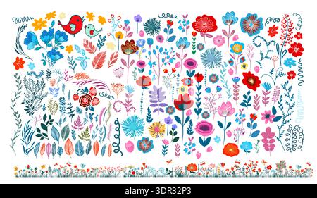 Ein Satz von einfachen farbigen Blumen und Grasbauern. Handzeichnung. Keine Illustration des AI-Vektors Stock Vektor