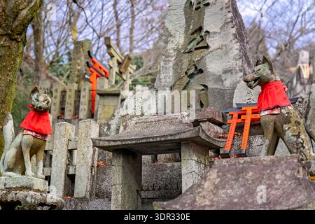 Kyoto Japan - Januar 2026: Steinfuchsstatuen und Mini-Torii-Tormodelle auf dem Gipfel des Mount Inari Stockfoto
