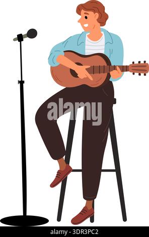 Junger Mann spielt Gitarre, während er auf einem hohen Holzstuhl sitzt. Der Musiker singt ein Lied ins Mikrofon. Bühnenleistung. Musikalisches Akustikinstrument Stock Vektor