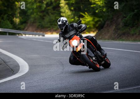 Ein Motorradfahrer in schwarzer Schutzausrüstung, der ein orangenes Sportmotorrad auf einer kurvenreichen Bergstraße, umgeben von Wald, in eine scharfe Kurve lenkt. Stockfoto