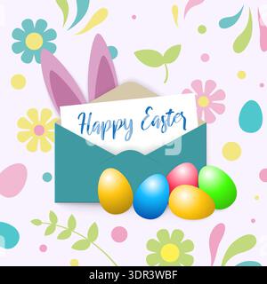 Grußkarte „Happy Easter“. Brief im Umschlag, süße Hasenohren, ostereier. Heller Hintergrund mit bunten Eiern, floralen Elementen. Feder Stock Vektor