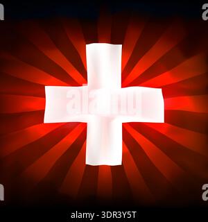 Flagge der schweiz. Abstrakter Grunge-Hintergrund mit Sonnenstrahlen. Schweizer Flagge. Dunkler Hintergrund mit Wasserfarbe. Farbige Grunge-Textur für kreatives Design Stock Vektor