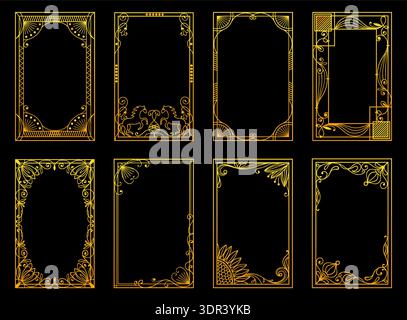 Dekorative goldene lineare Rahmen im Art déco-Stil. Element mit Blumenschmuck. Rechteckiges Blumengestell mit filigraner Linienblüte. Vektorsatz Stock Vektor