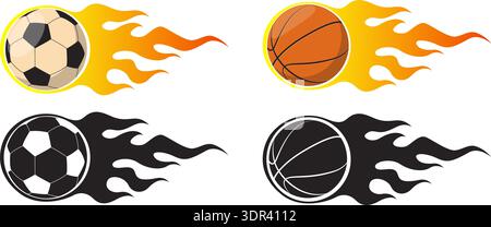 Basketball- und Fußballsymbole in gelben Flammen. Schwarz-weißer Silhouettenkreis für Fußball. Kugel im Feuer. Sportspiele. Feuriges Turnier. Geschwindigkeit Stock Vektor