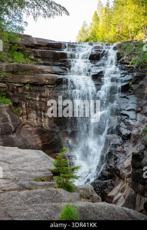Malerischer Solbergfossen Wasserfall, der über dunkle Felsen in einem üppig grünen Wald fällt, Sommerlandschaft in Lier, Buskerud, Norwegen. Ruhiger Naturhintergrund Stockfoto