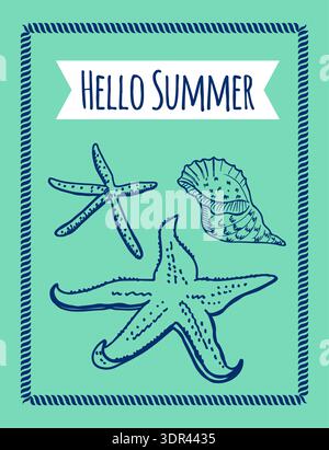 „Hello Summer Card“ im handgezeichneten Stil. Marinesymbole Stock Vektor