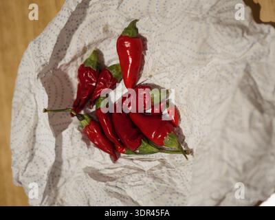 Ein Haufen roter Chili-Paprika, verpackt in eine Serviette aus weißem Papier Stockfoto