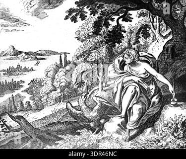 Der heilige Johannes der Täufer mit dem Adler oder dem Greifvogel, der über das alte Israel wacht. Vintage, historische oder historische Illustration oder Holzstich aus der französischen Bibel 1687. Stockfoto