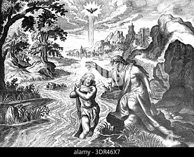 Taufe Christi oder Jesus Christus getauft von Johannes dem Täufer im Jordan bei Al-Maghtas, heute in Jordanien. Vintage, historische oder historische Illustration oder Holzstich aus der französischen Bibel 1687. Stockfoto