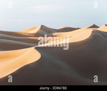 Blick auf sanfte goldene Sanddünen, die unter einem ruhigen Himmel kaskadieren und eine ruhige Wüstenlandschaft in Senek, Region Mangystau, Kasachstan schaffen. Stockfoto