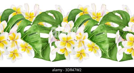 Nahtlose tropische Aquarellrandung mit weißen und gelben Plumerieblättern und grünen Monsterablättern. Botanische horizontale Wiederholung für Stoff Stockfoto