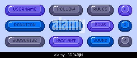 Vektorsatz mit den Schaltflächen „Folgen“, „Abonnieren“, „Regeln“ und „Speichern“. Pixelige Symbole für Videospiele, Textbox-Rahmen, Symbole für die Benutzeroberfläche im 8-Bit-Retro-Stil. Arcade-ui-Elemente für mobile App oder Website Stock Vektor