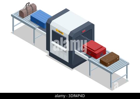 Metalldetektor. Isometrischer Gepäckscanner am Flughafen mit Förderband und Koffer. Röntgensicherheitsgerät mit Monitor und Metalldetektor-Rahmen für Stock Vektor