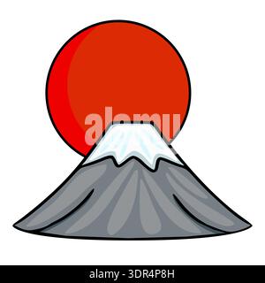 Stilisierte Vektor-Illustration des Fuji mit einer aufgehenden roten Sonne, ikonischer japanischer Landschaft. Stock Vektor
