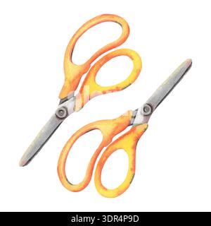 Geschlossene gelbe Schere mit abgerundeten Spitzen. Handgemalte Aquarellillustration isoliert auf weißem Hintergrund für Schuldesign, handwerkliches Branding Stockfoto
