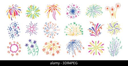 Das Feuerwerk platzte. Feuerwerkskörper mit funkelnden Sternen und Farbexplosion für Feiertage, Diwali-Festival und Partyeinladungen. Handgezeichnet Stock Vektor