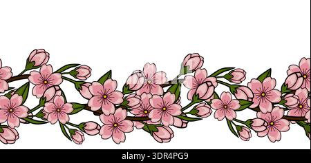 Nahtlose Vektorfahne mit blühenden rosa Sakura Kirschblüten Zweige und Knospen, zarte Frühling Blumen Illustration Stock Vektor
