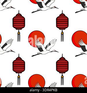 Nahtloses Vektormuster von fliegenden Kranichen und roten Laternen, traditionelles japanisches Motiv Stock Vektor
