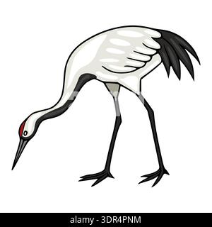 Rot-gekrönte Kranvektorillustration, eleganter weißer Vogel mit schwarzen Akzenten, anmutige Pose Stock Vektor