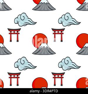 Nahtlose Mustervektor-Illustration japanischer ikonischer Symbole - Fuji, Torii-Tor und Wolken gegen eine helle Sonne. Stock Vektor